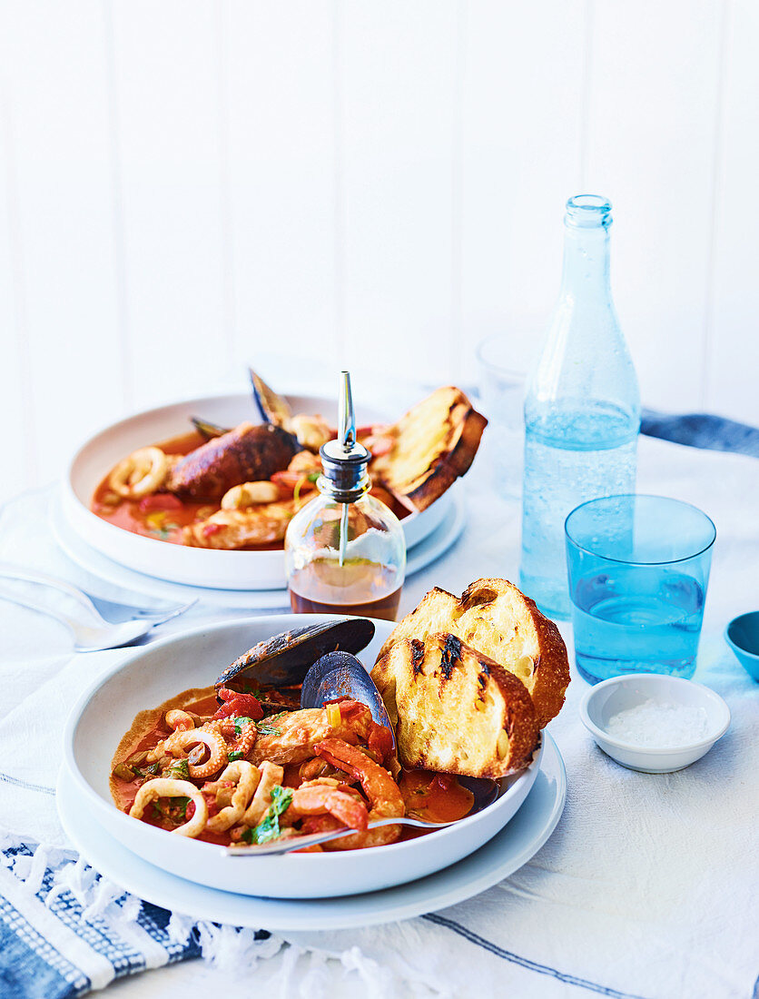 Pink ling, mussel and prawn stew with sourdough