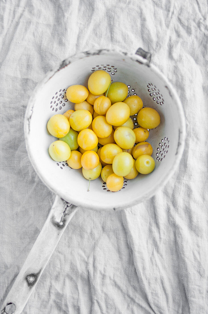 Yellow damsons (wild plums) in an old colander
