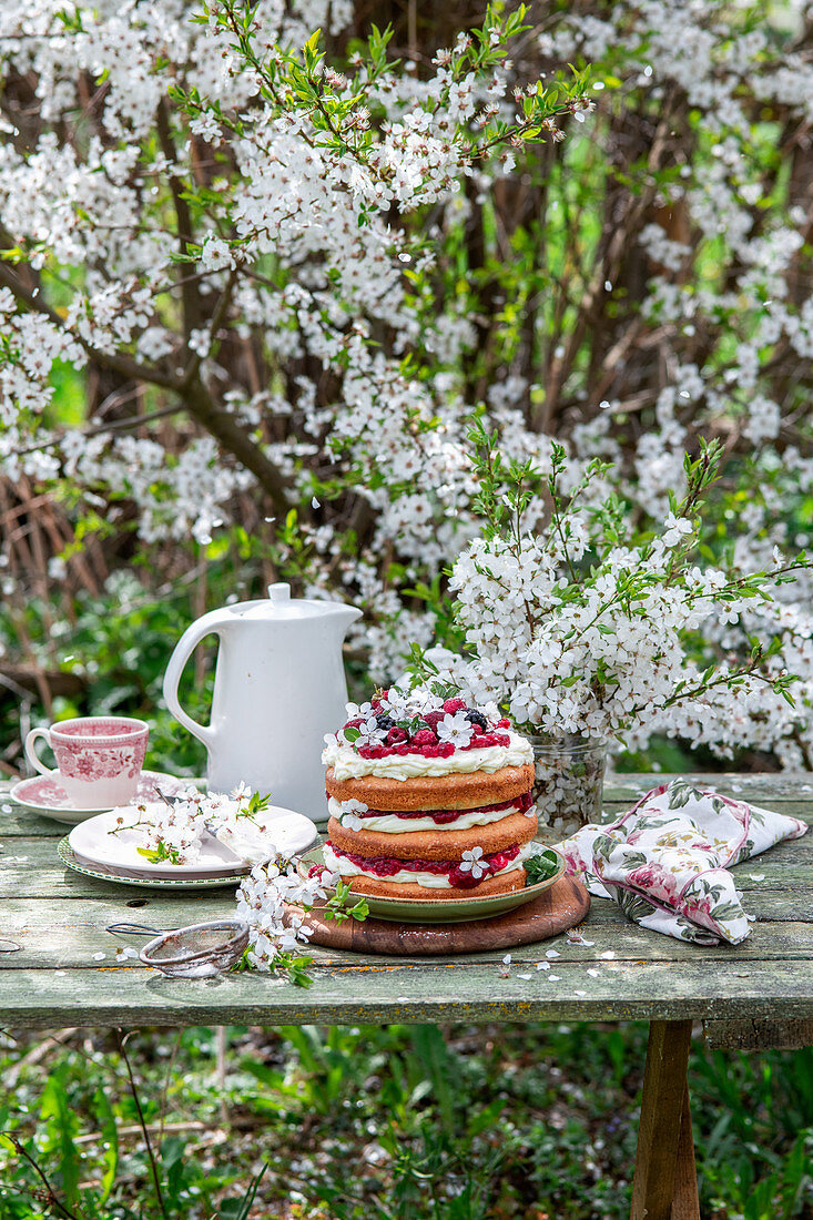 Vanilla cake with cream cheese and berries in a garden