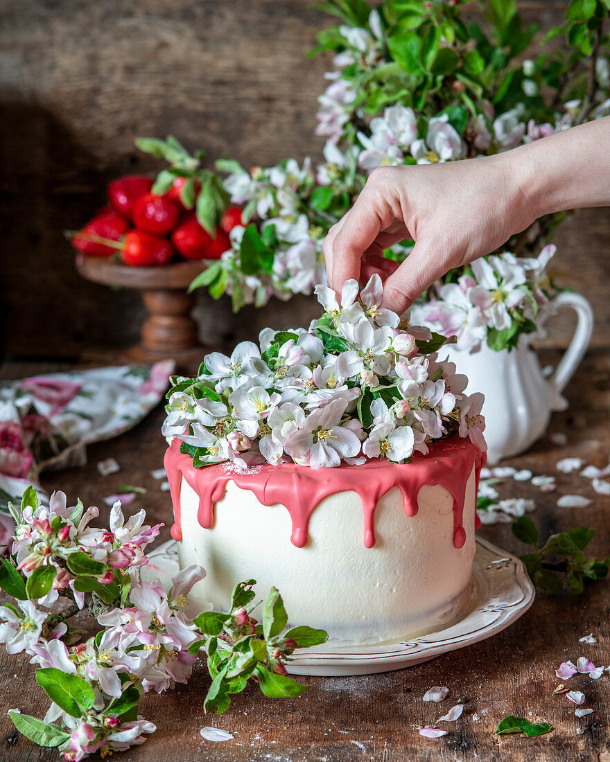 Vanilla cake with strawberry chocolate and blossoms