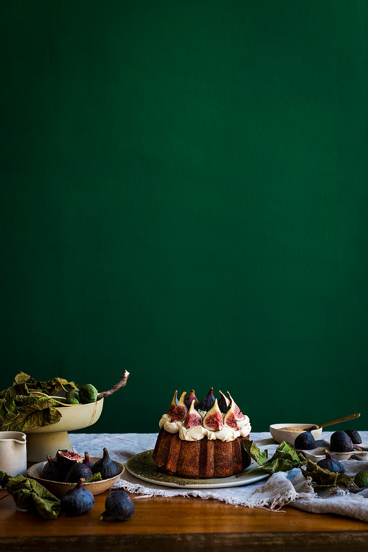 Fig Cake with figs and fig leaves