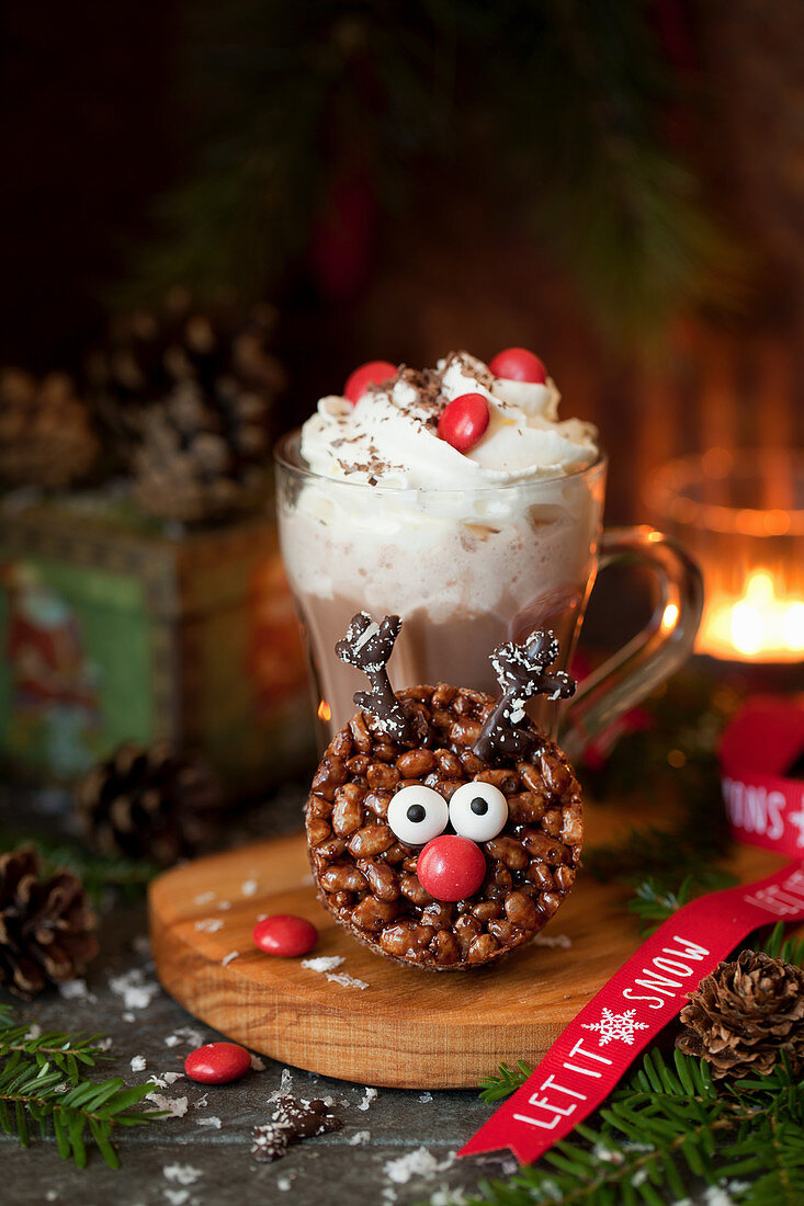 Festive Ruddolph Rice Krispie Treat with Hot Chocolate