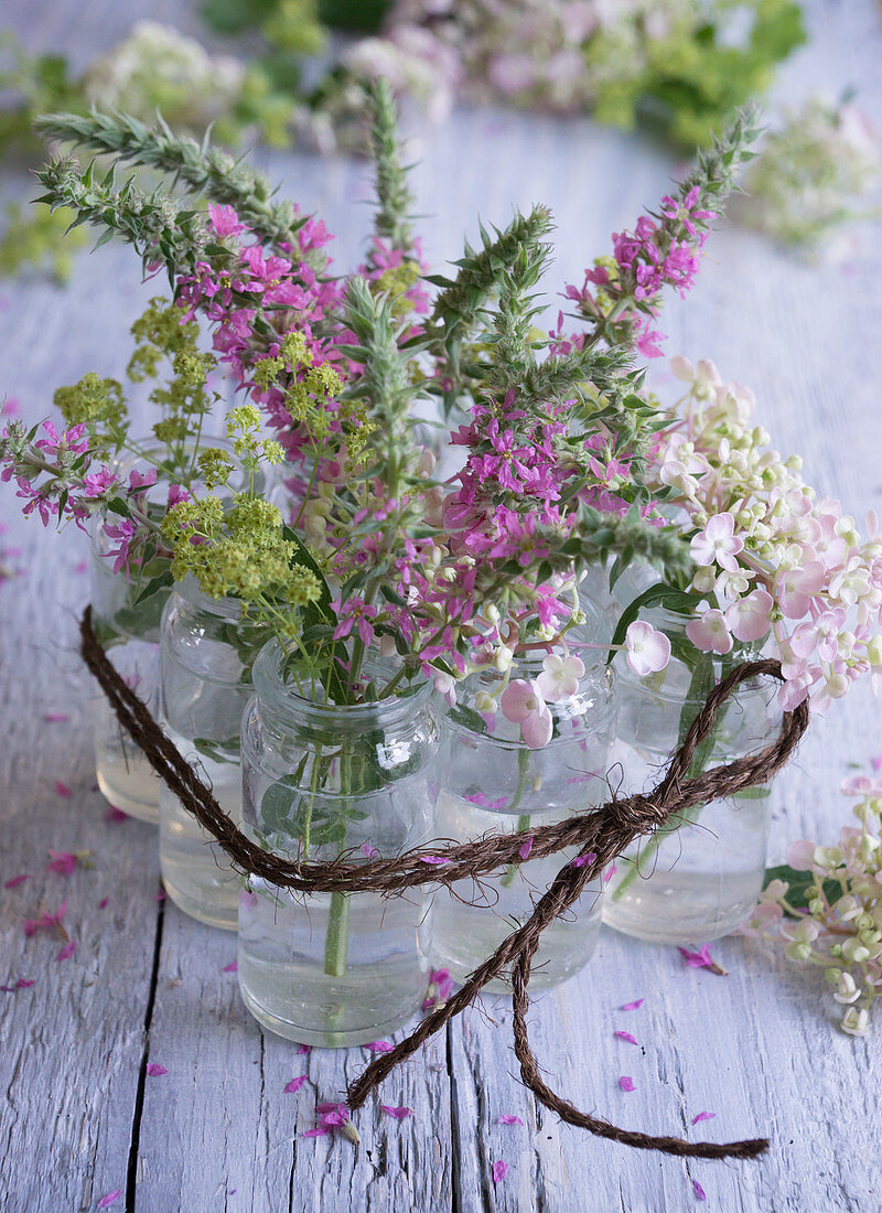 Jars filled with hydrangeas, lady's mantle, and purple loosestrife (Lythrum salicaria)