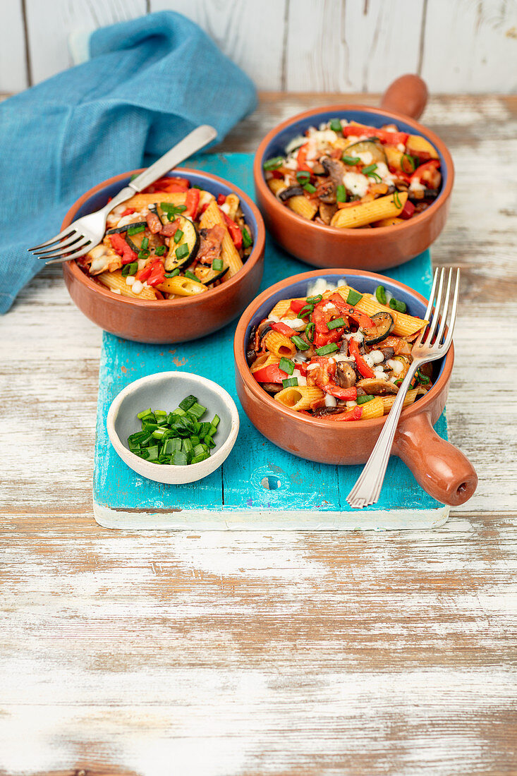 Pasta bake with bacon, veggies and mozzarella