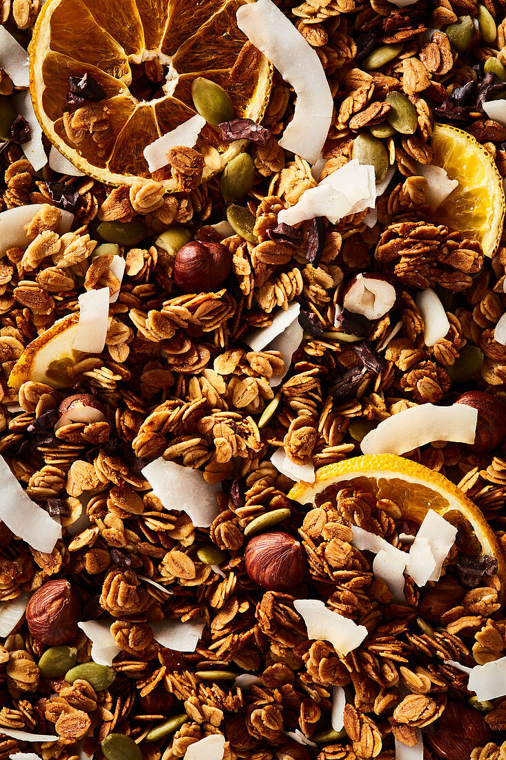 Granola with dried oranges, hazelnuts and coconut chips