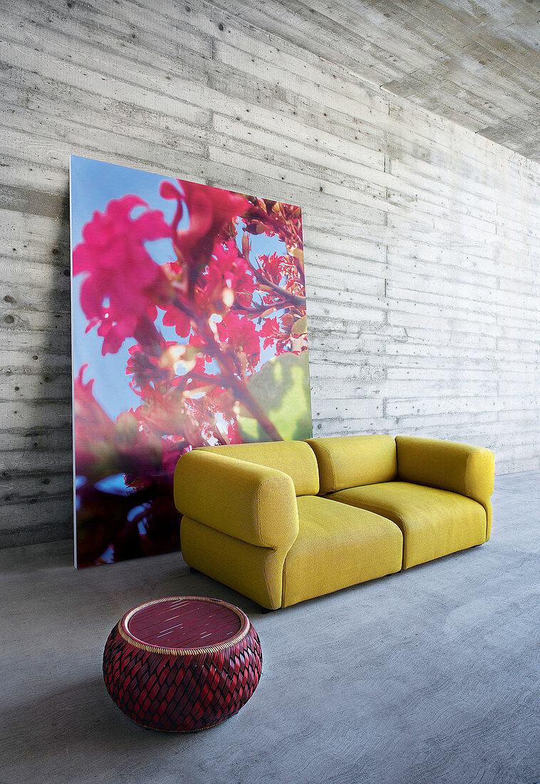 Red pouffe and mustard-yellow outdoor sofa in front of large floral photograph
