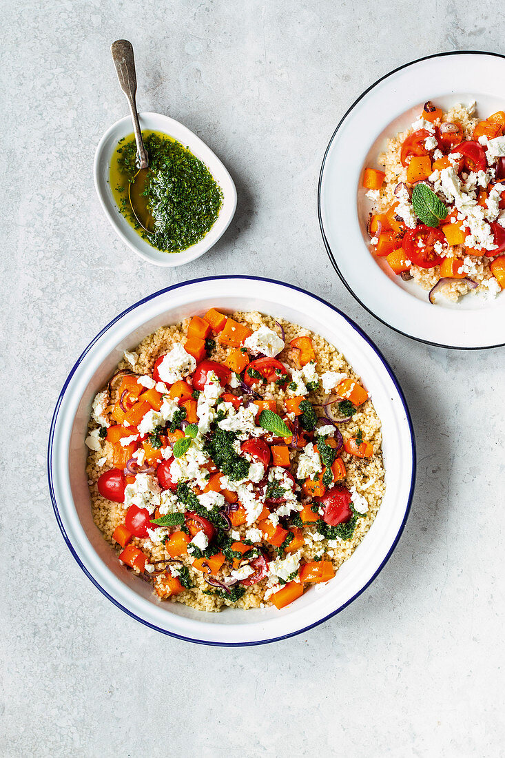 Couscous with oven-roasted vegetables, tomatoes and feta cheese