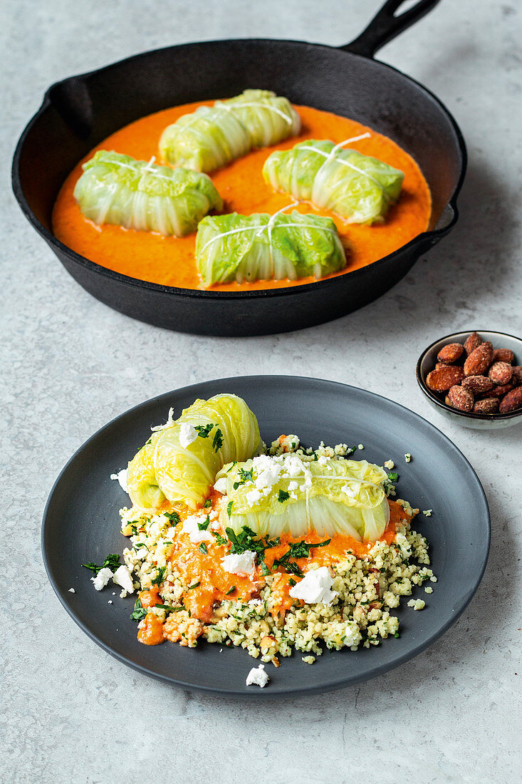 Vegetarian Chinese cabbage roulade in a creamy pepper sauce