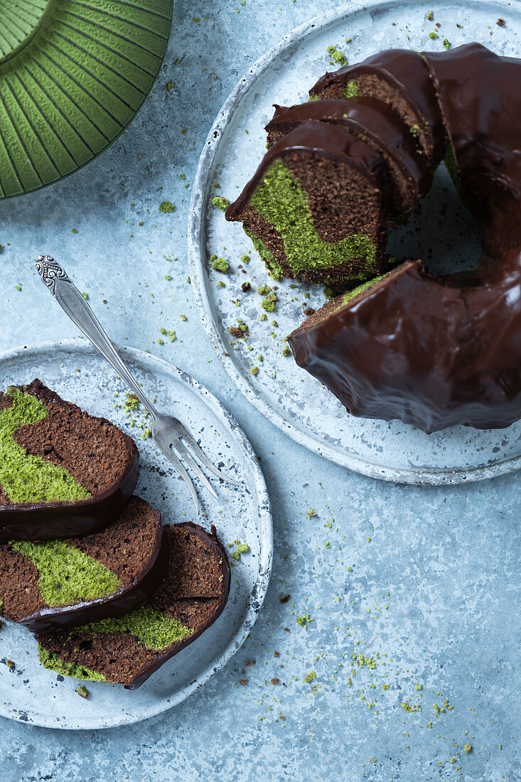 Chocolate bundt cake with matcha