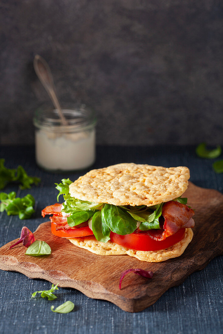 A bacon, lettuce and tomato sandwich on cloud bread (keto cuisine)