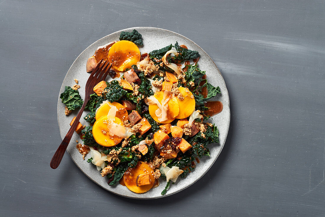 Tuscan kale salad with sweet potatoes, mango and ginger