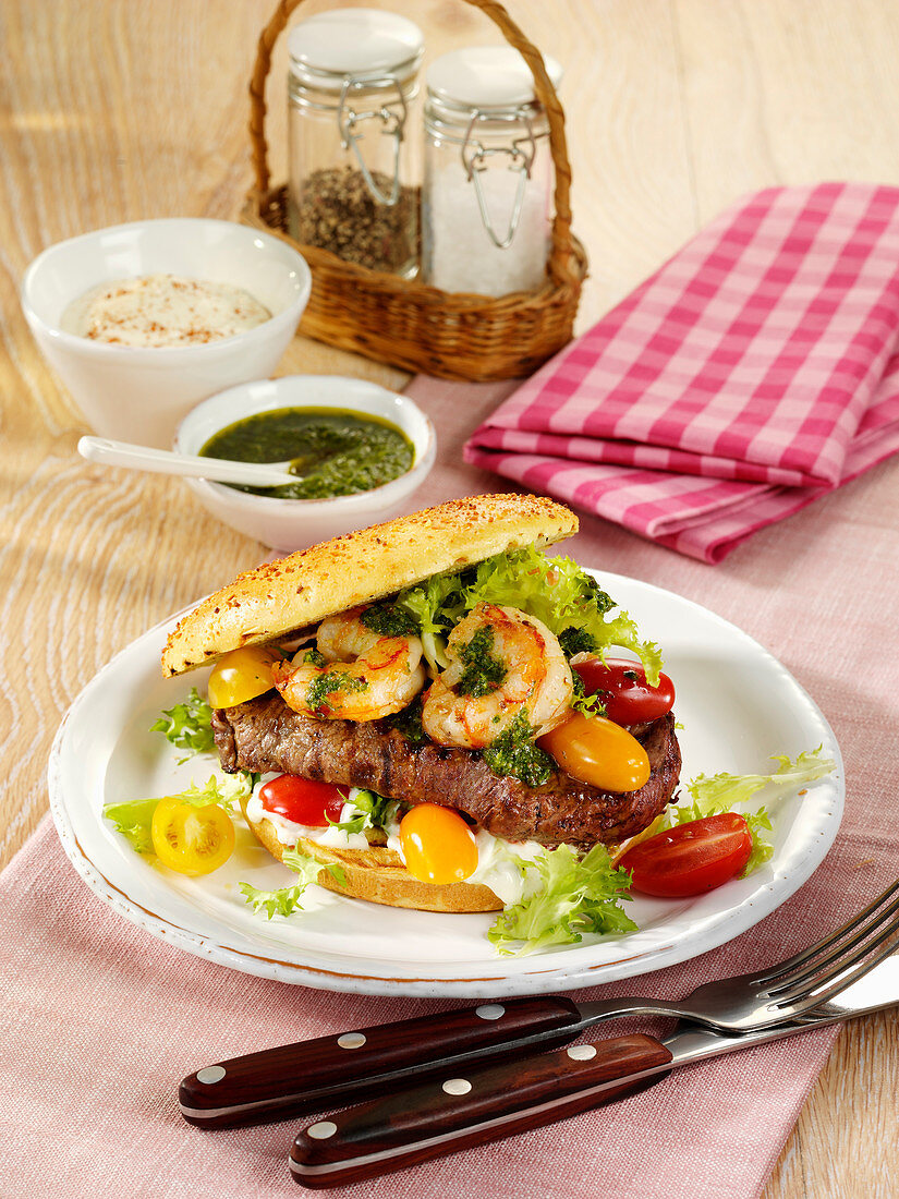 A grilled Surf 'n' Turf burger