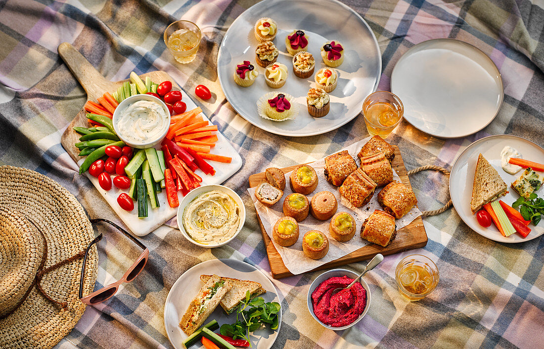 A picnic with crudites, pastries and sandwiches