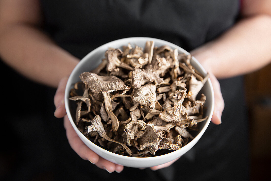 Hand picked dried wild winter chanterelle mushrooms (craterellus)