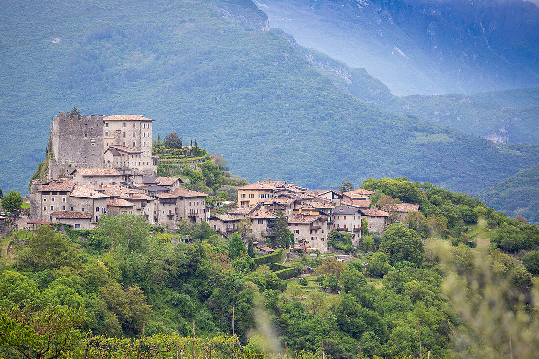 Blick auf das Dorf Tenno in der Landschaft des waldreichen Trentino, Italien