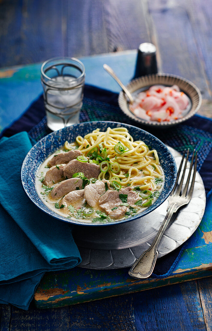 Kao Soi (Pork and Noodle Curry With Pink Shallot Pickle, Asia)