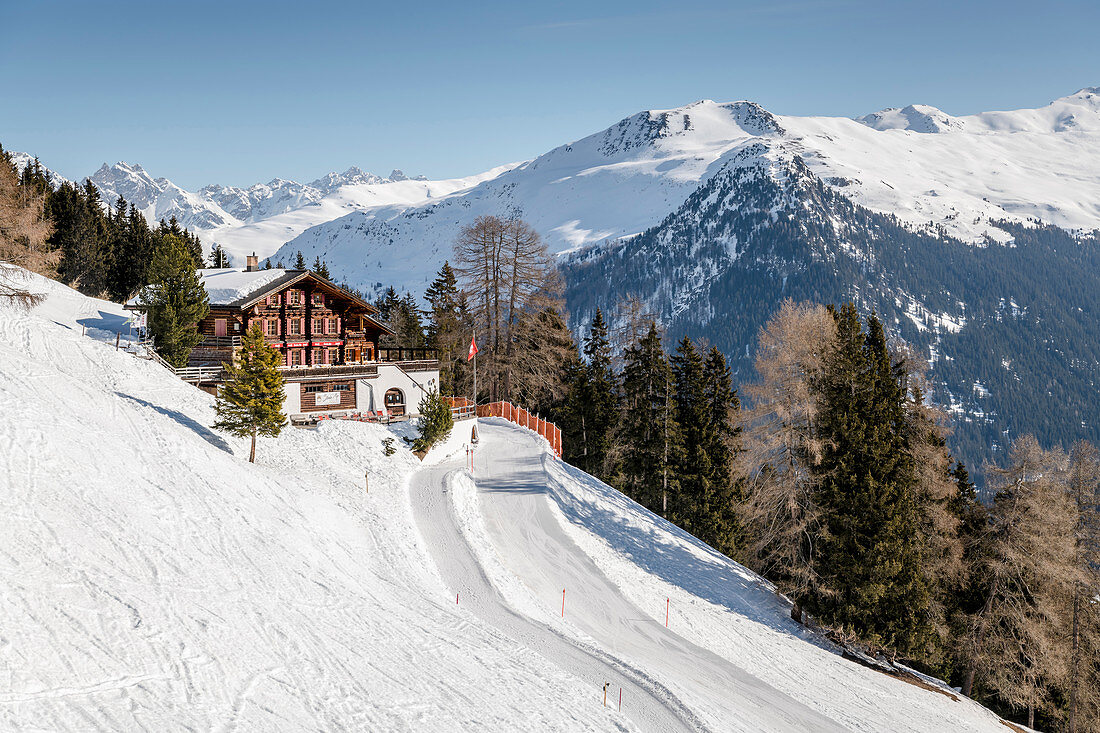 Die Strela-Alp im Skigebiet Schatzalp-Strela, Davos, Graubünden, Schweiz