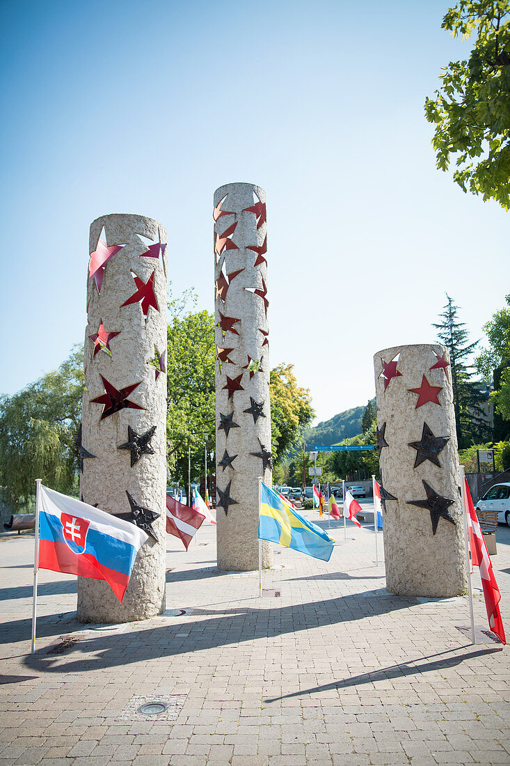 Pillars decorated with stars on Europe Square in Schengen, Luxembourg