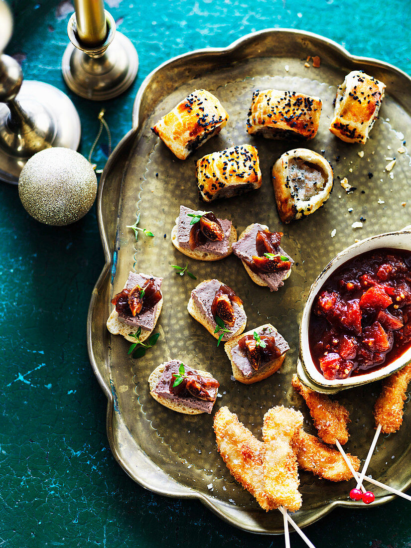 Sausage rolls, chutney, pate and breaded chicken for Christmas