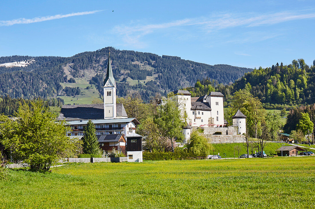 Kirche und Schloss in Goldegg am See, Pongau, Salzburger Land, Österreich