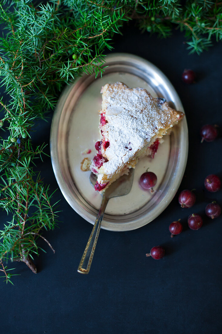 A slice of gooseberry cake with icing sugar on a silver tray