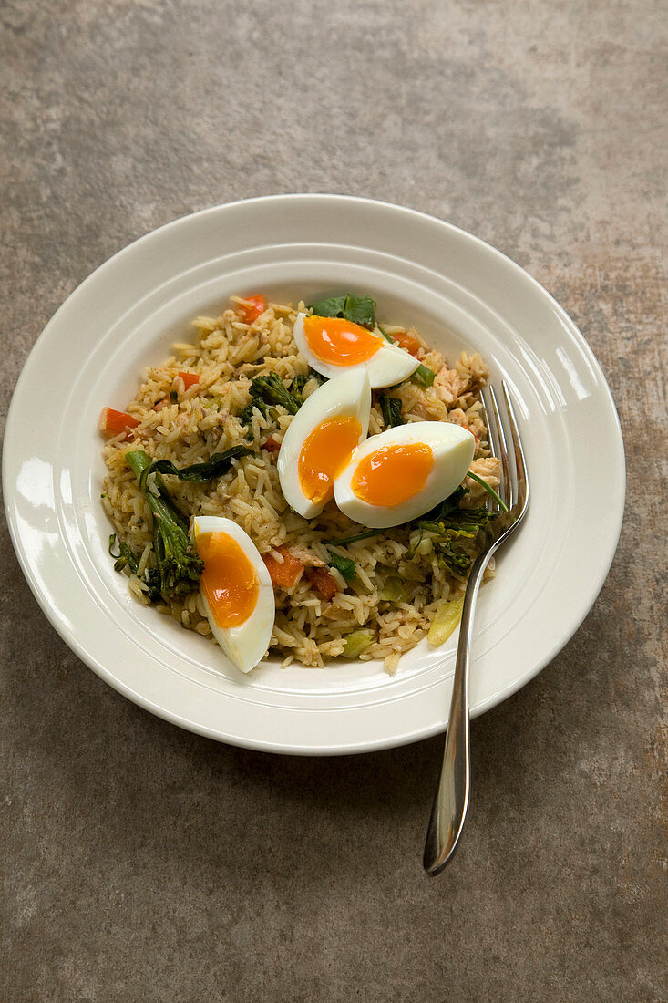Canned salmon kedgeree with eggs