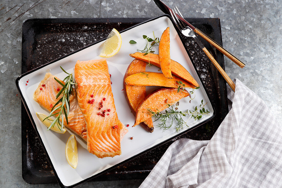 Baked salmon and baked sweet potato