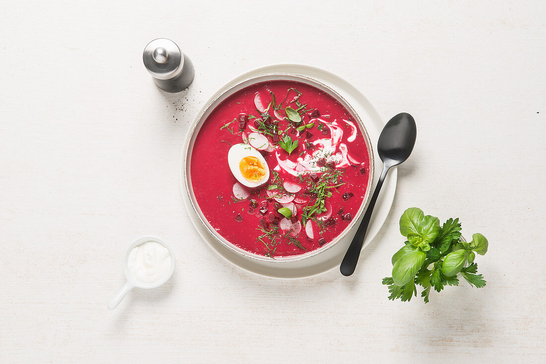 Polish beetroot soup with egg