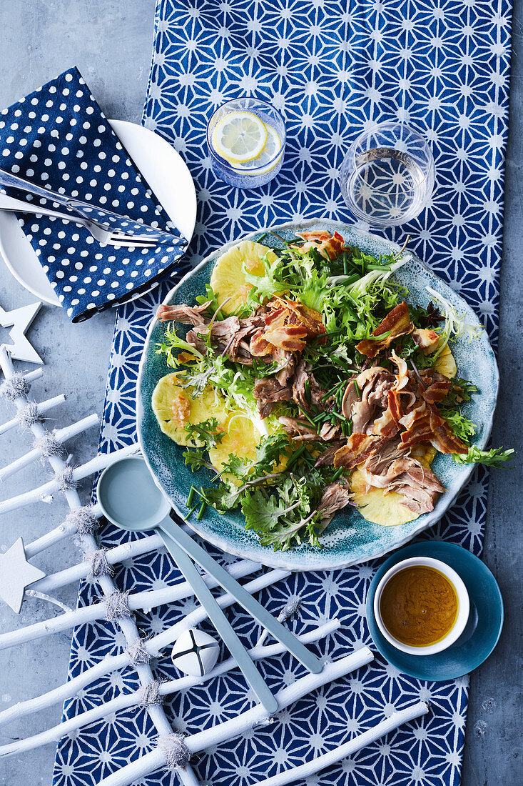 Duck confit salad with kale and pickled pineapple