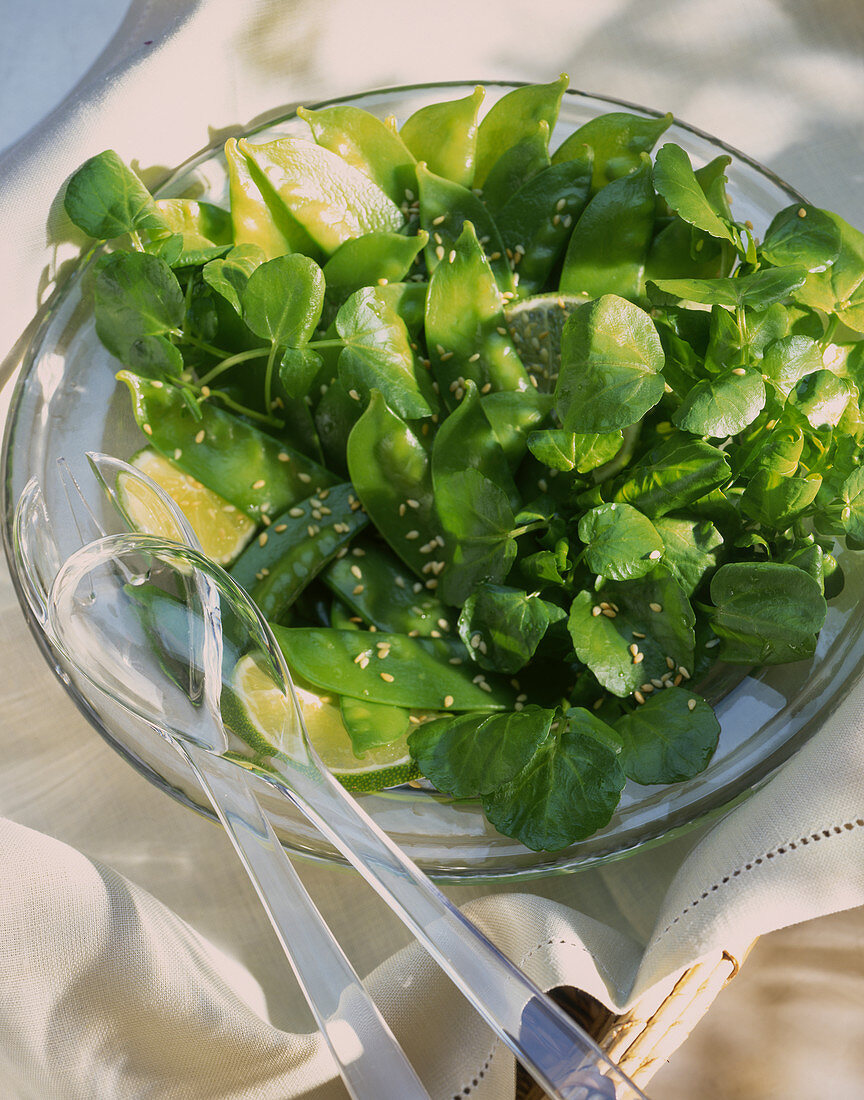 Zuckerschotensalat mit Brunnenkresse und Sesam