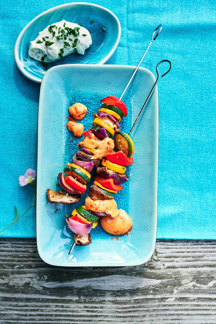 Summer vegetable and shallot skewers