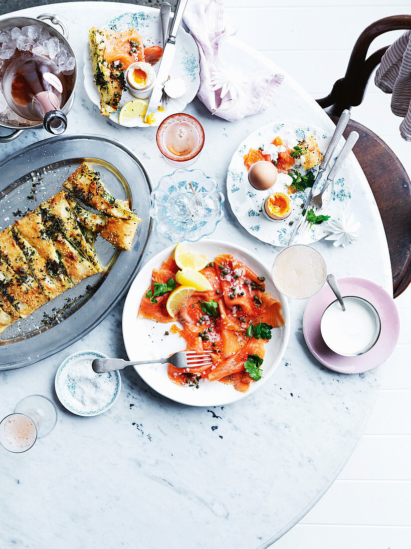 Dippy eggs with garlic Turkish bread and salmon