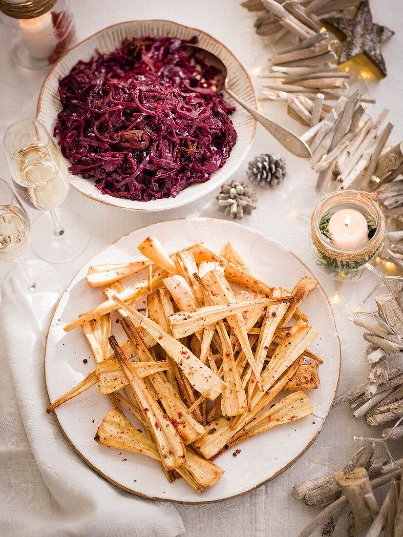 Salt and pepper parsnips with red cabbage