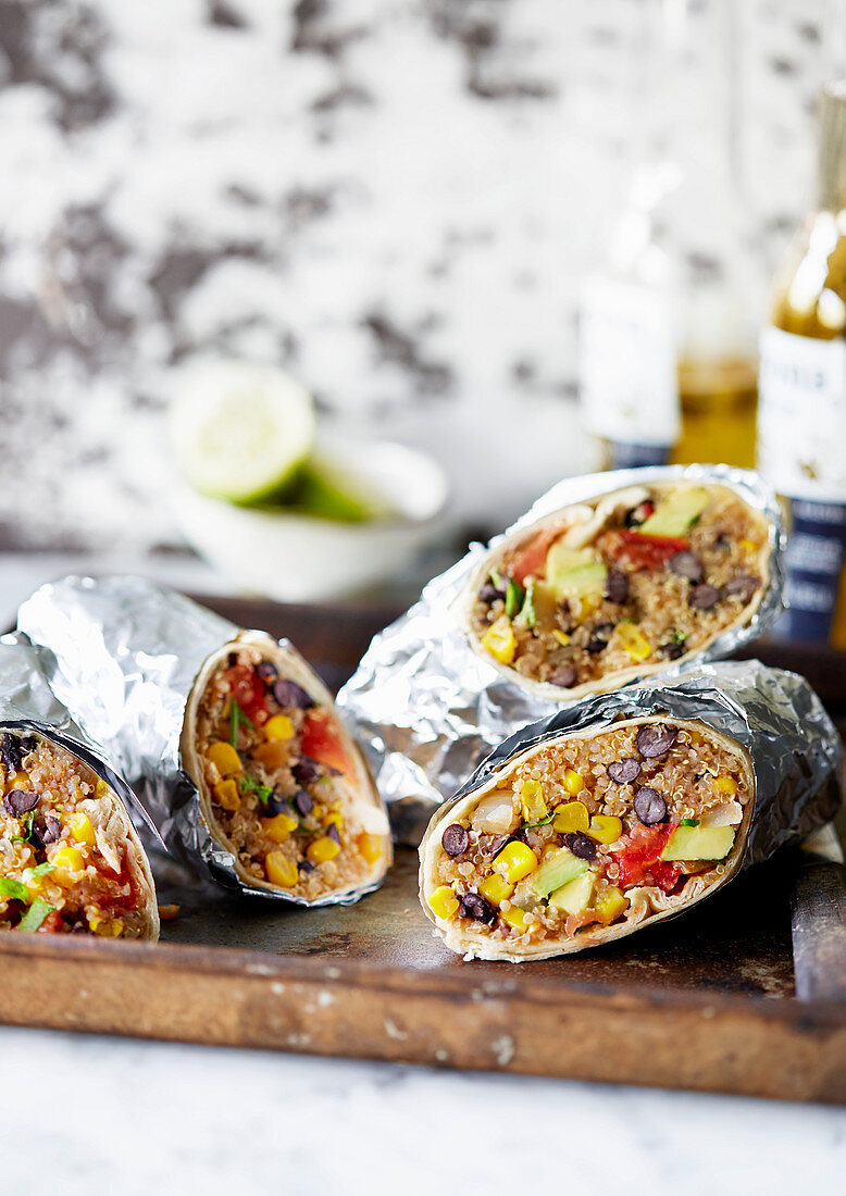 Black bean, sweetcorn and quinoa burritos