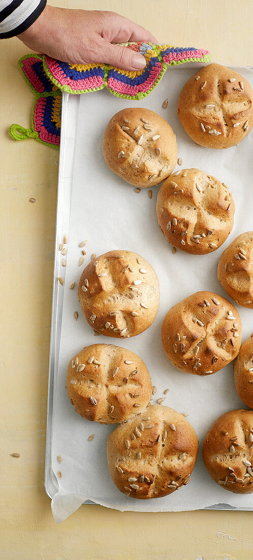 Homemade bread rolls with sunflower seeds