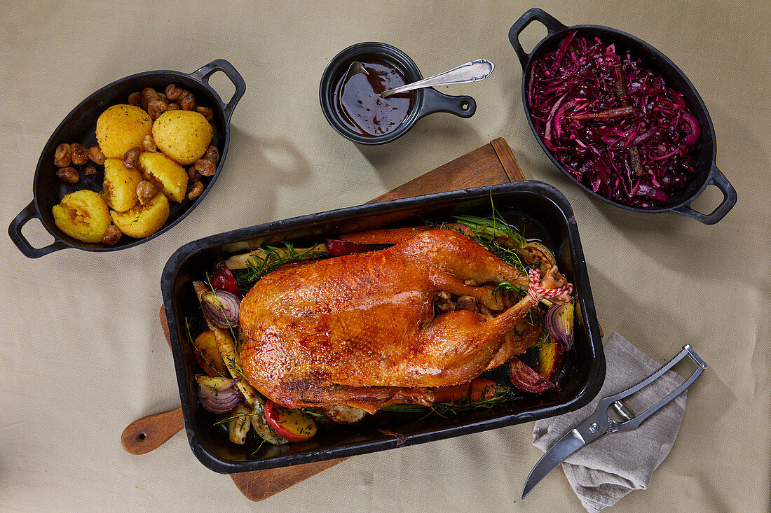 Roast goose with red cabbage and potato dumplings