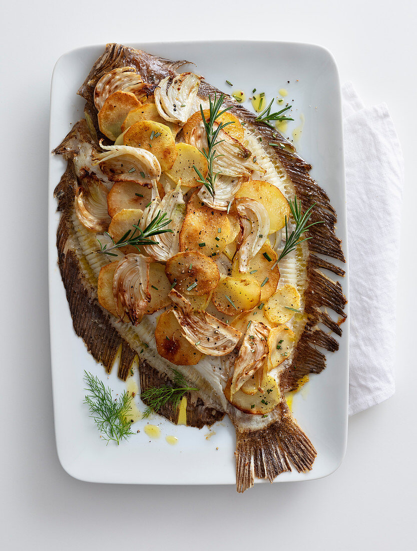 Turbot with a fennel and potato crust and rosemary