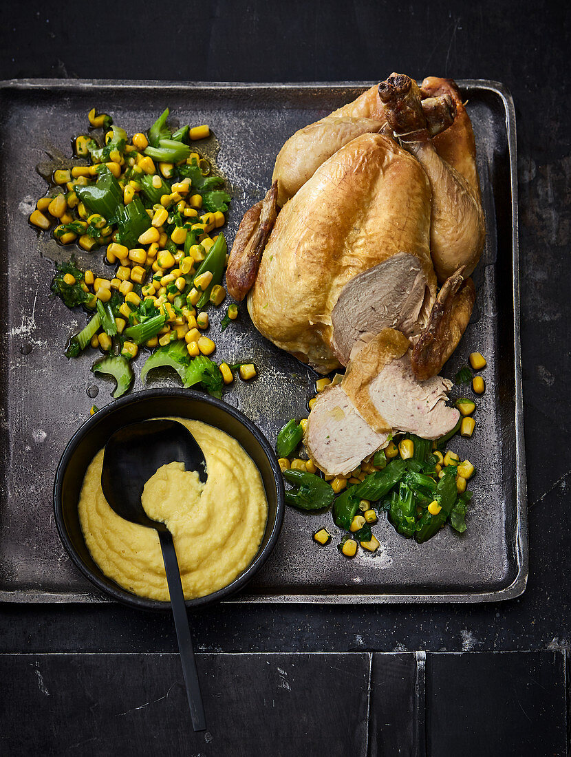 A roasted salted chicken roasted for 12 hours with celery and sweetcorn