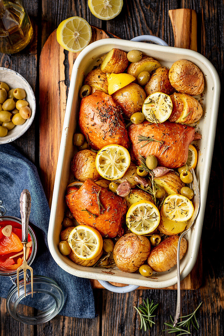 Chicken and potato bake with olives