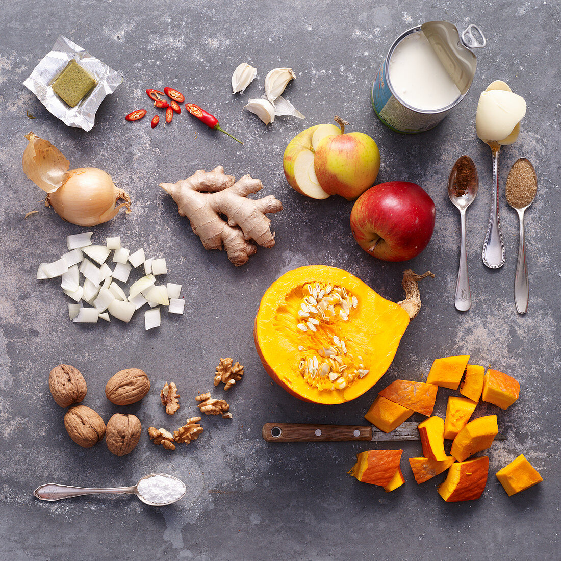 Ingredients for pumpkin soup with ginger and apple