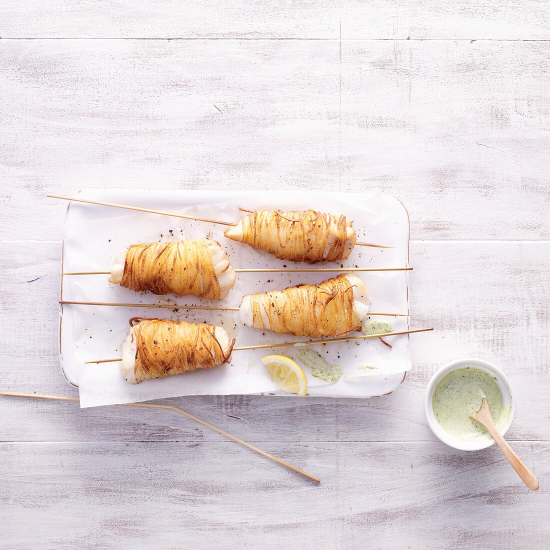 Fish kebabs in a potato coating