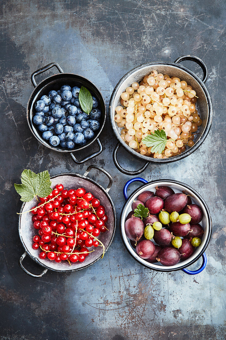 Various fresh berries in pots on a gray background