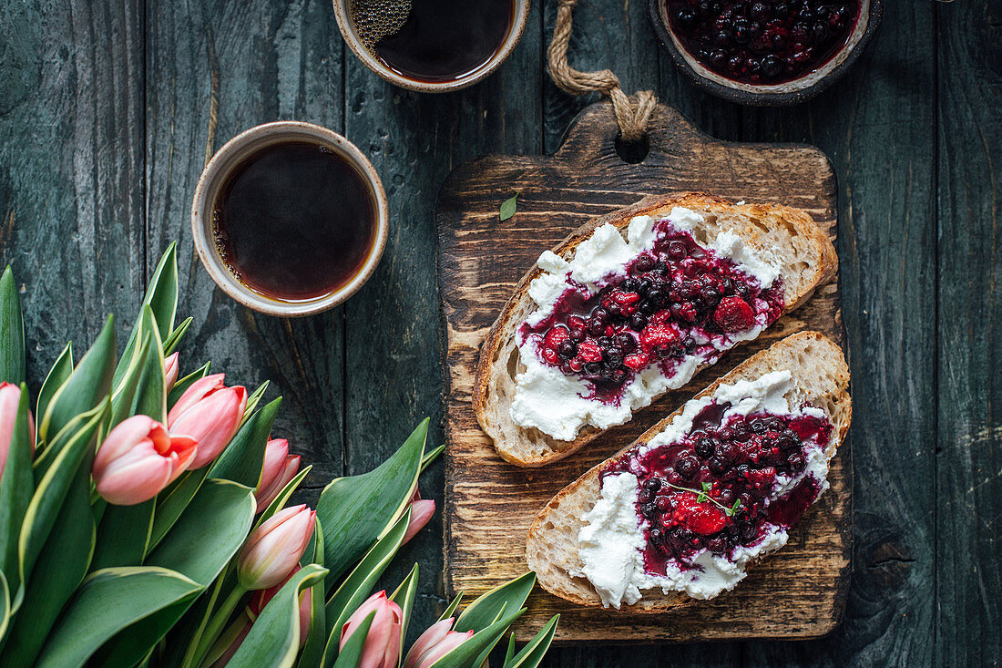 Sourdough toasts with ricotta, berries and filter coffee