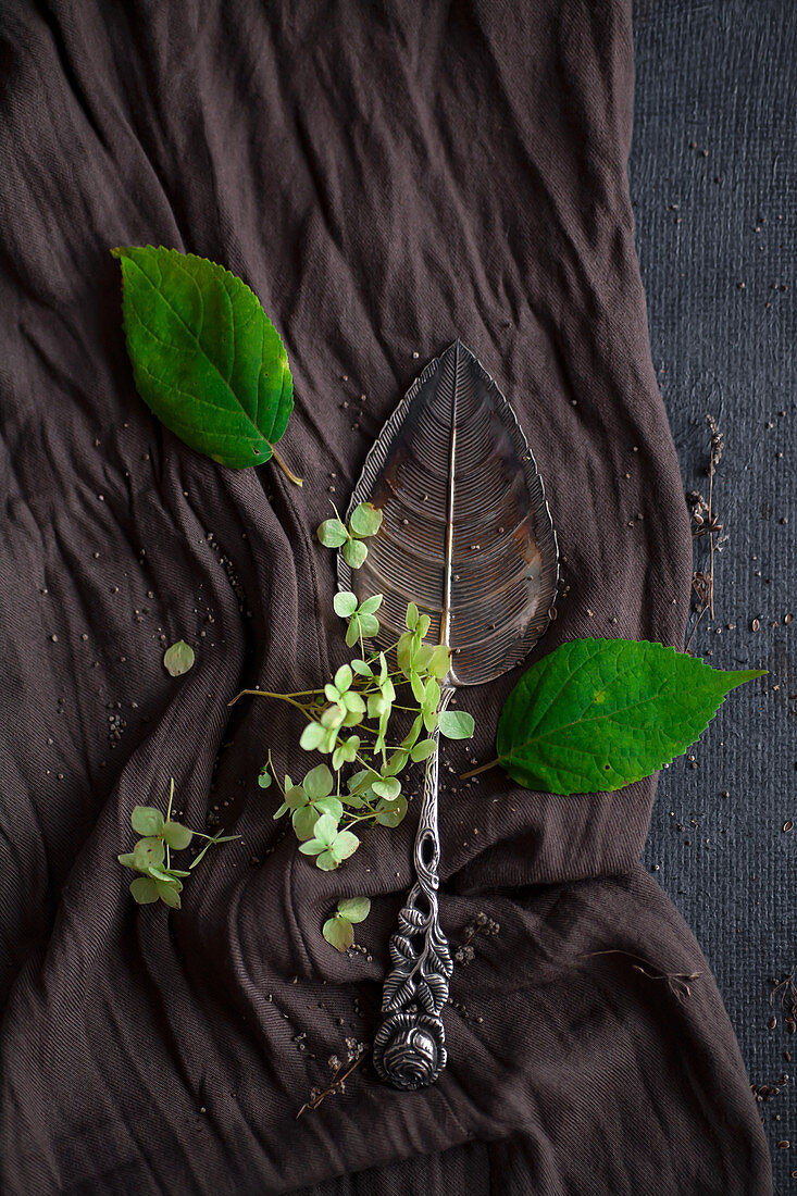 A silver leaf-shaped cake server with a rose-shaped handle