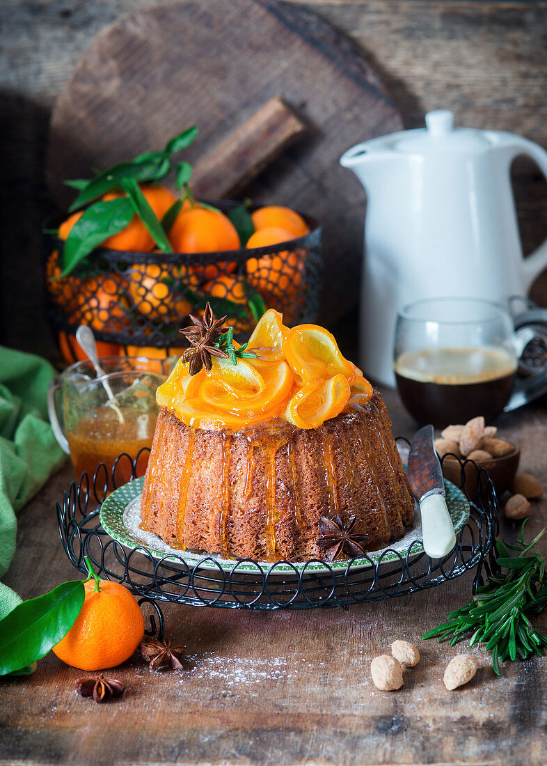 Orange cake with almond and rosemary caramel