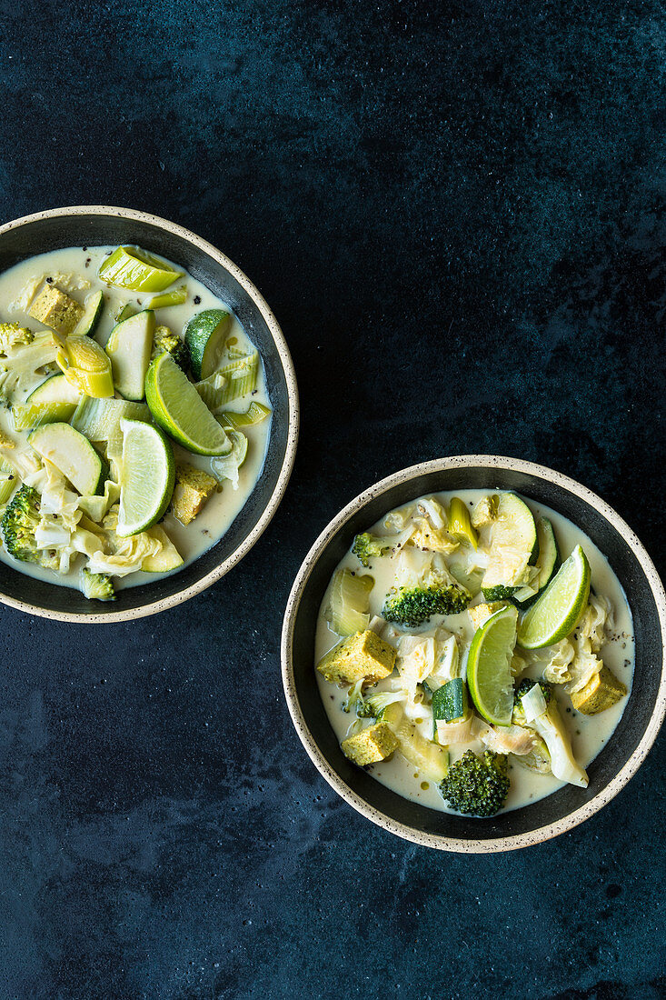 Curry and coconut stew with green vegetables