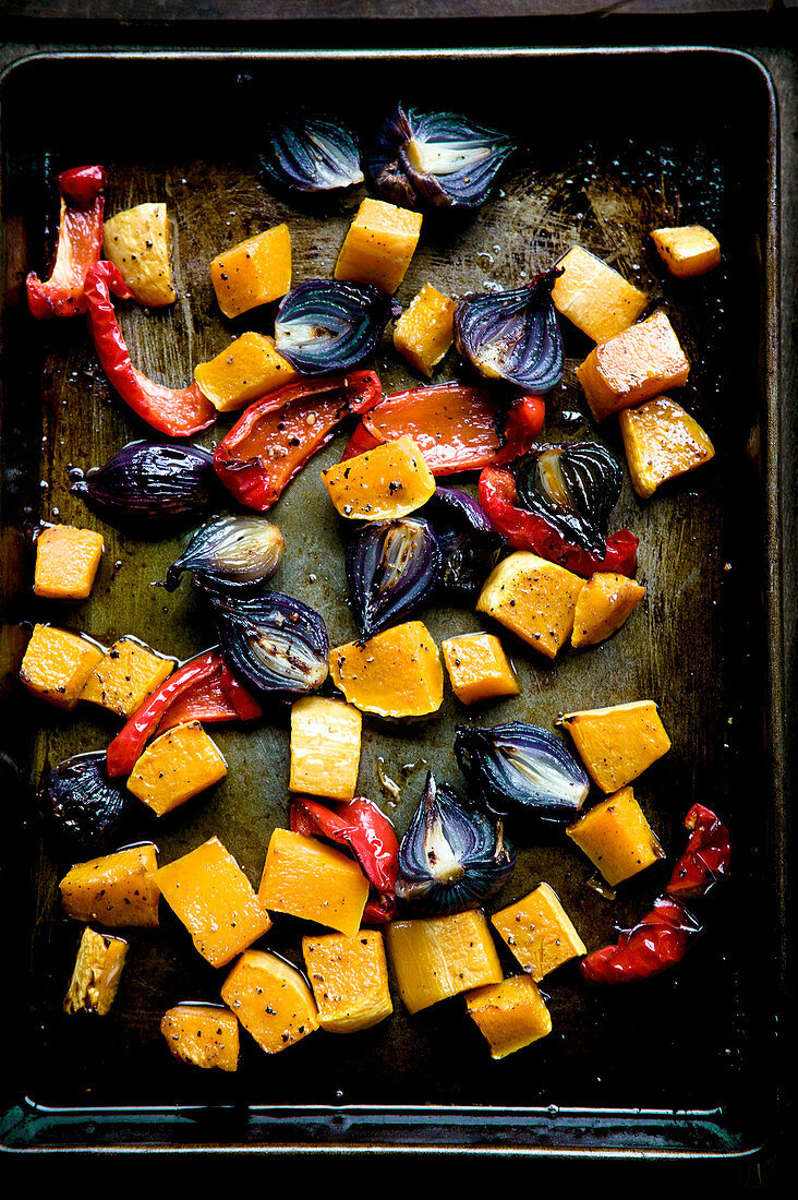 Baking tray of roast vegetables