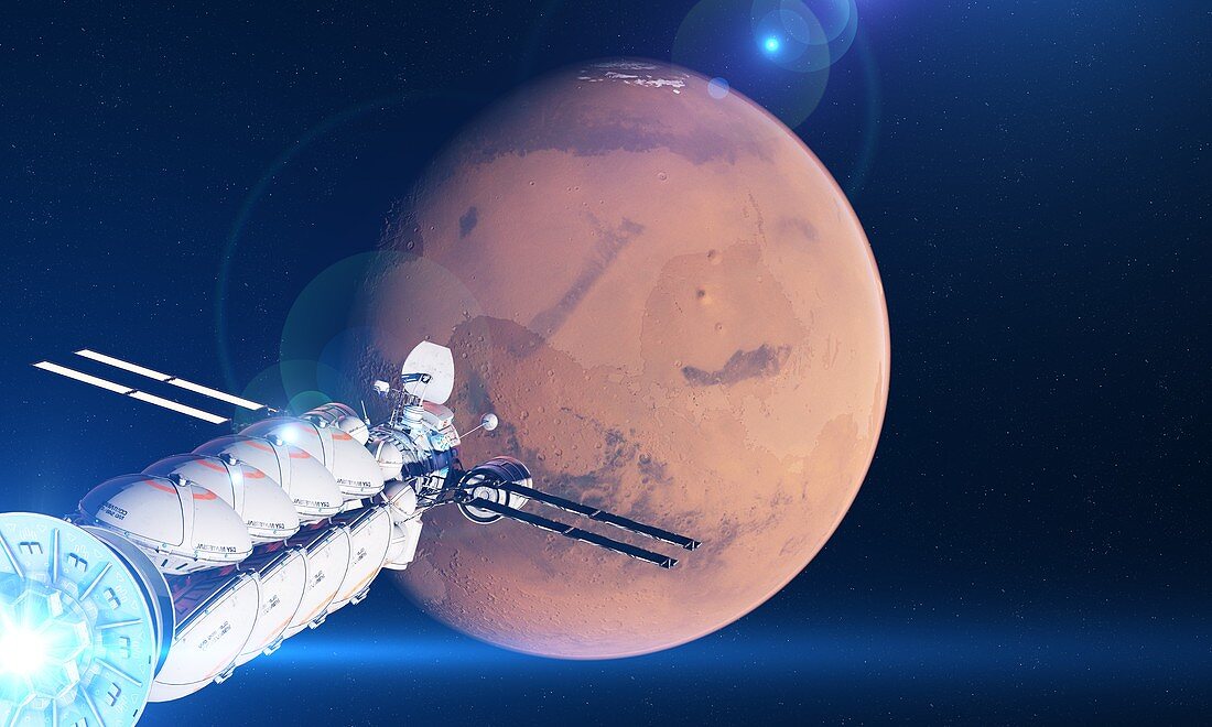 Spaceship traveling to Mars, illustration