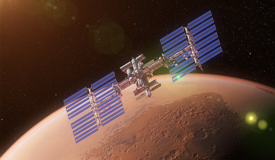 Space station orbiting Mars, illustration