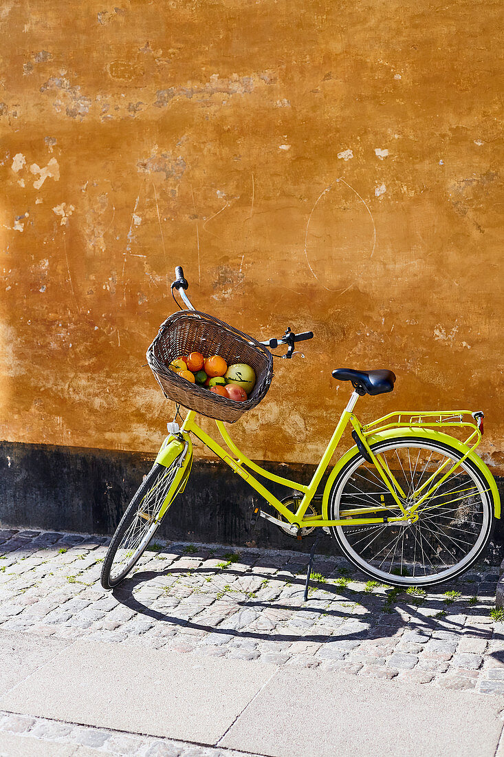 Verschiedene Zitrusfrüchte im Fahrradkorb